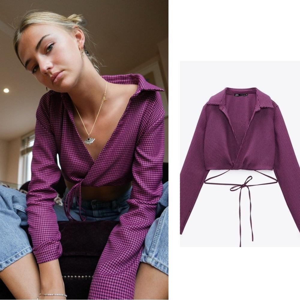 NWT Zara Purple Houndstooth Polo Crop Top | Long Sleeve | Size M